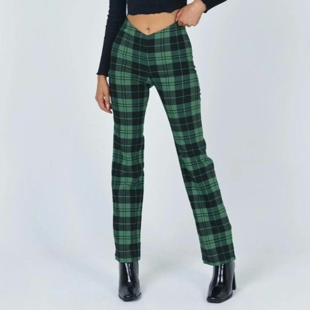Princess Polly Zara Green Black Plaid Flare Pants Size 8